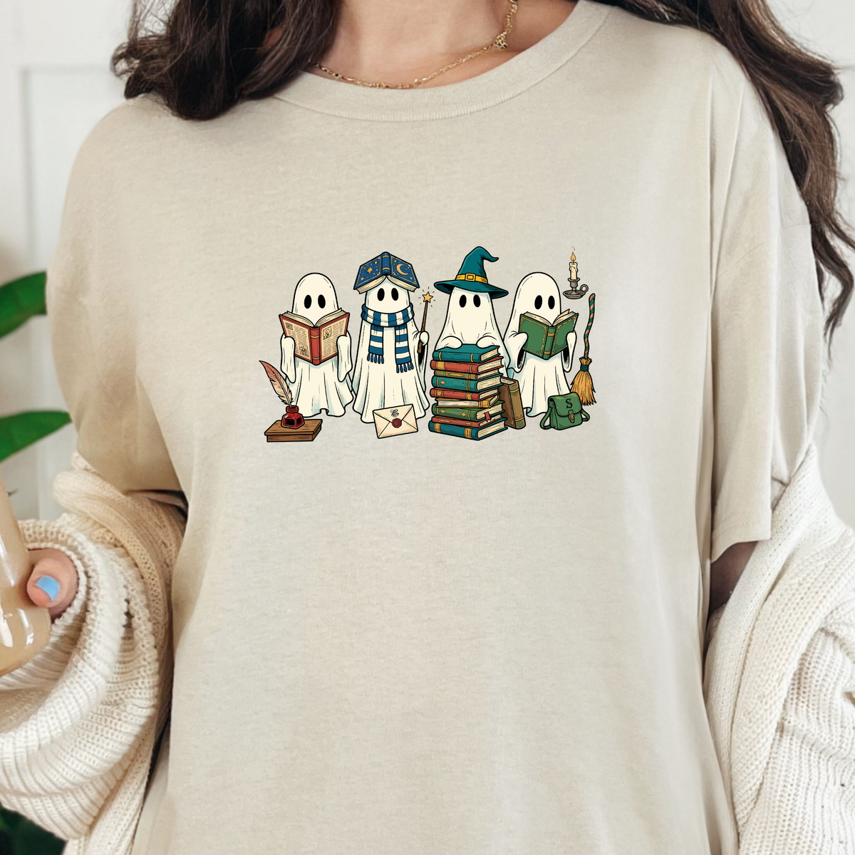 Ghosts Reading Books Graphic Tee - Natural