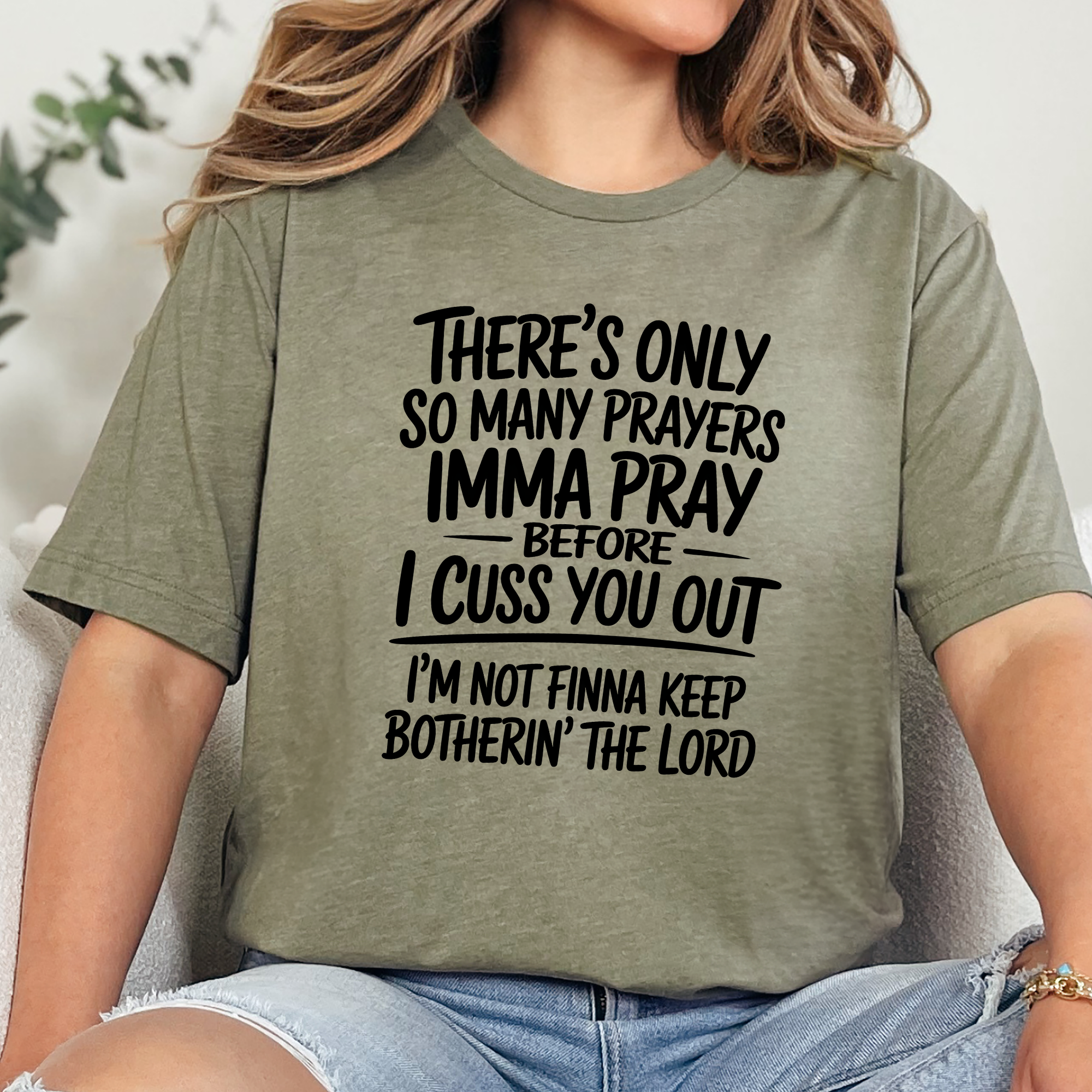 Pray Before I Cuss Graphic Tee - Heather Olive