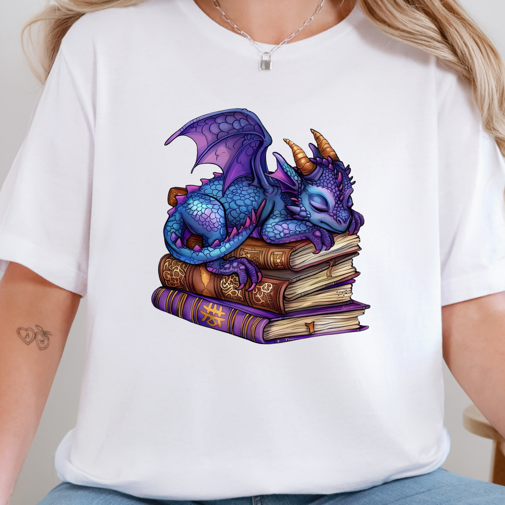 Dragon Sleeping on Books Graphic Tee - Purple Dragon on White