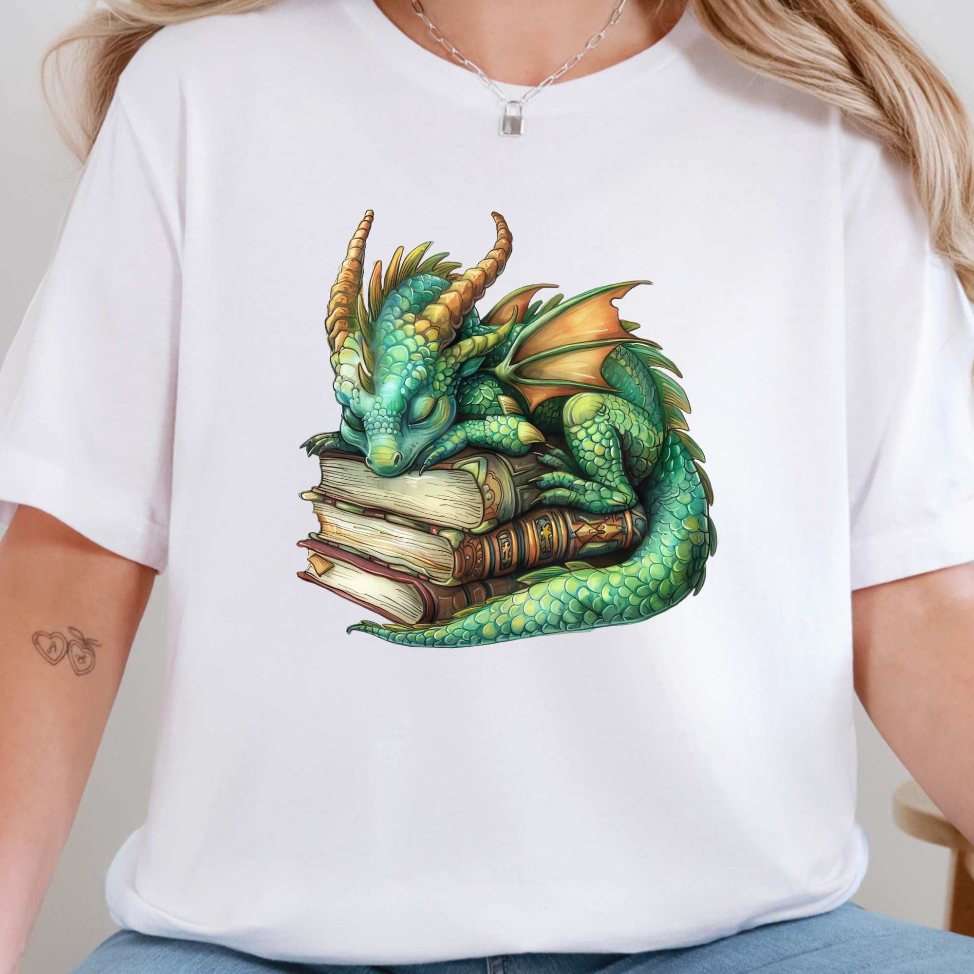 Dragon Sleeping on Books Graphic Tee - Green Dragon on White