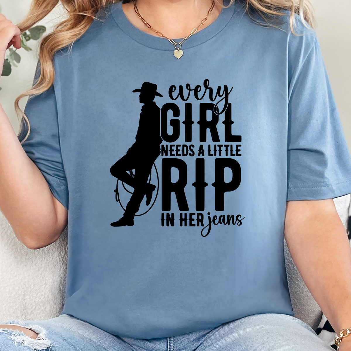 A Little Rip in her Jeans Graphic Tee - Steel Blue