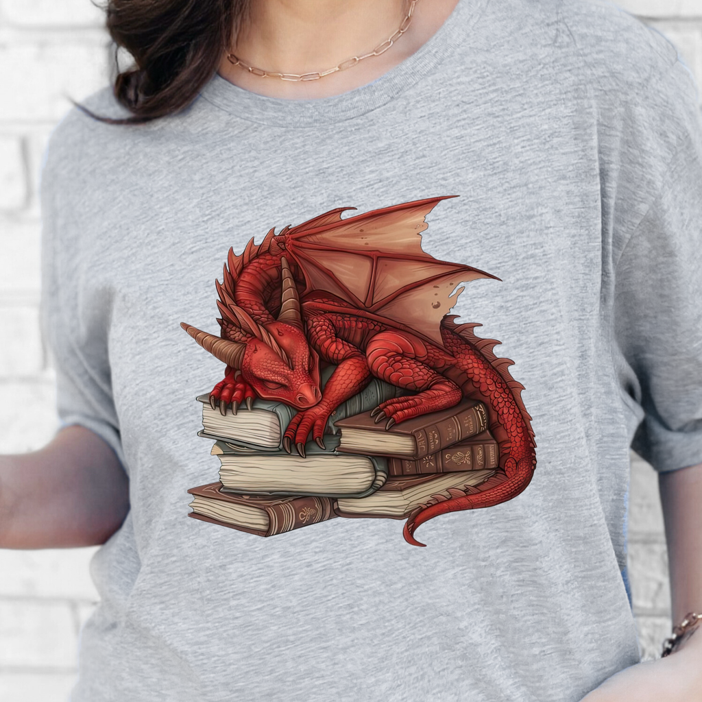 Dragon Sleeping on Books Graphic Tee - Red Dragon on Grey