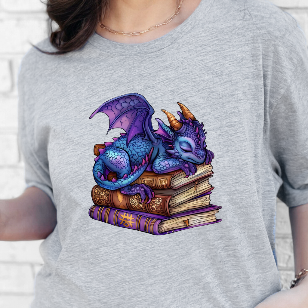 Dragon Sleeping on Books Graphic Tee - Purple Dragon on Grey