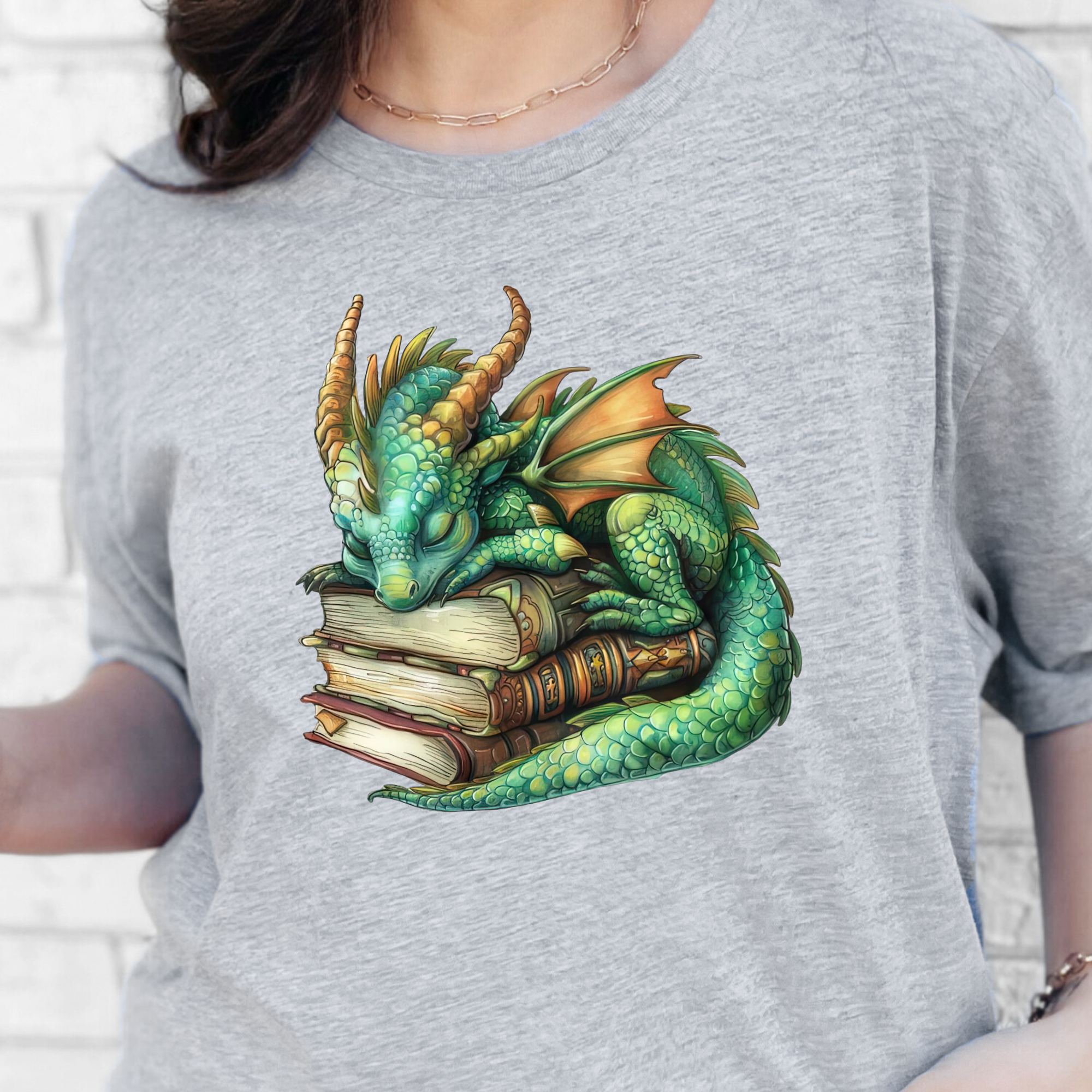 Dragon Sleeping on Books Graphic Tee - Green Dragon on Grey