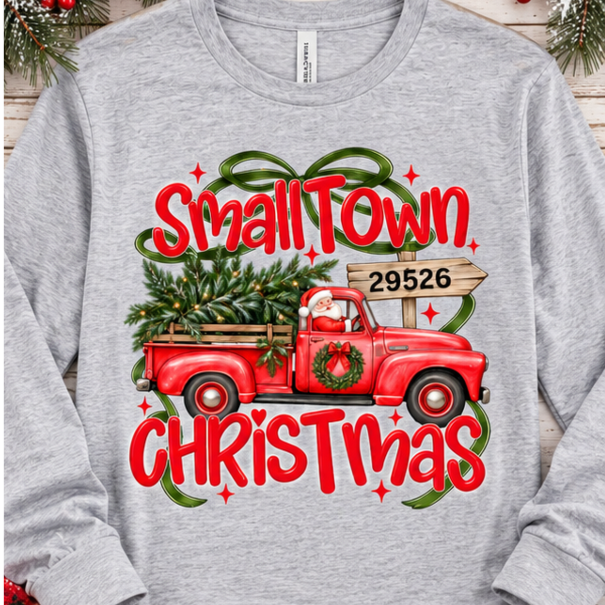 Custom Small-Town Christmas Truck with Santa Graphic LONG sleeve tee. - Grey